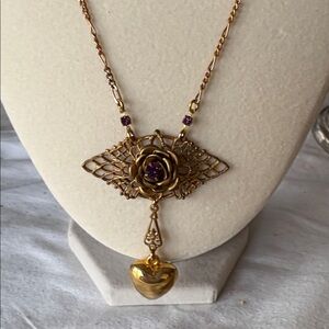Gold Heart Pendant Necklace with Amethyst.  Accents